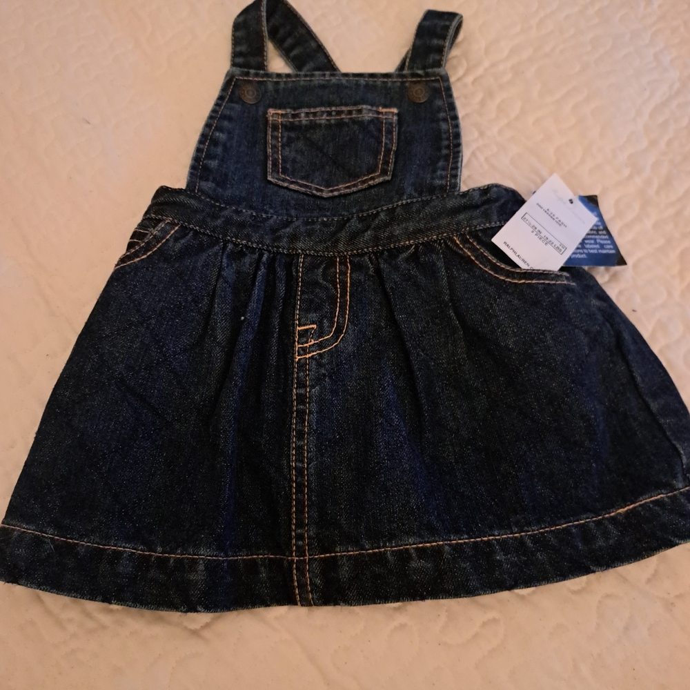 Ralph Lauren Infant Girls Denim Jumper Overall Dress Dark Wash Blue NWT 9M